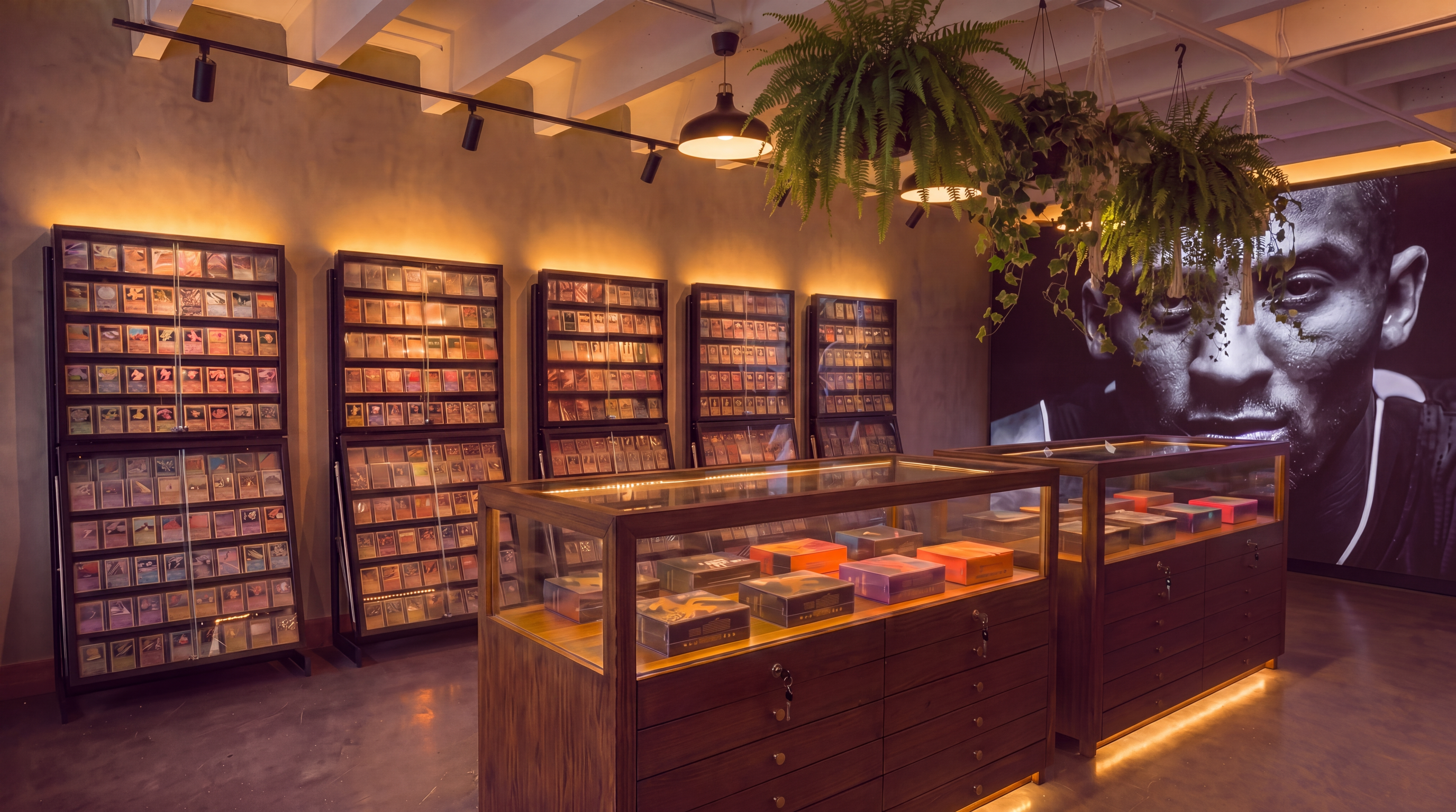 The retail floor with card cases and sealed product showcase